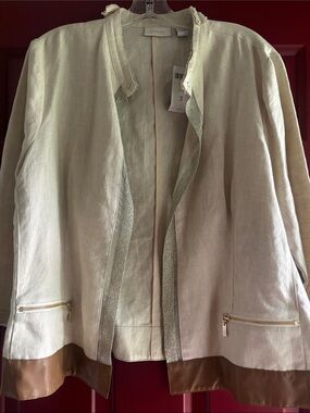 Chico's Cream Cotton Linen-Blend Open Jacket with Brown Leather Trim size 3